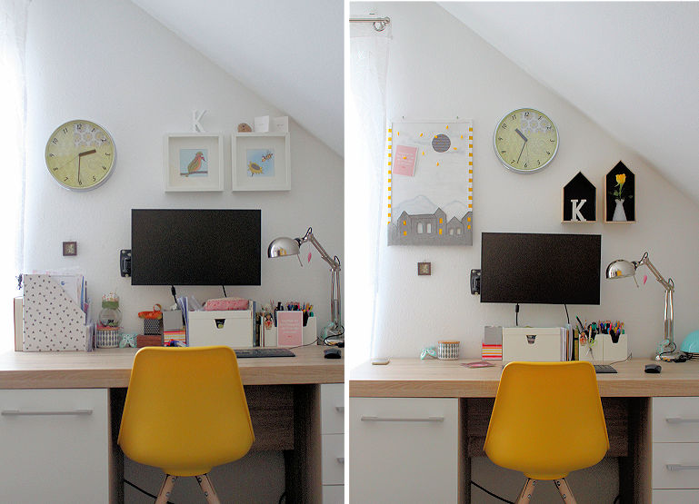 Makeover Schreibtischwand: <br>Korkpinnwand mit Farbe + Filz | Holzboxen